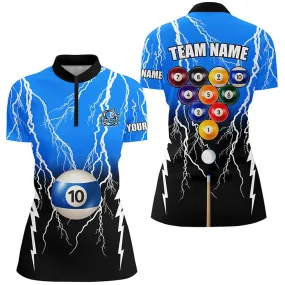 10 Ball Pool Custom Black Blue Thunder Women Quarter Zip Jersey, Billiards Apparel Clothing, Short Sleeve Jersey For Women