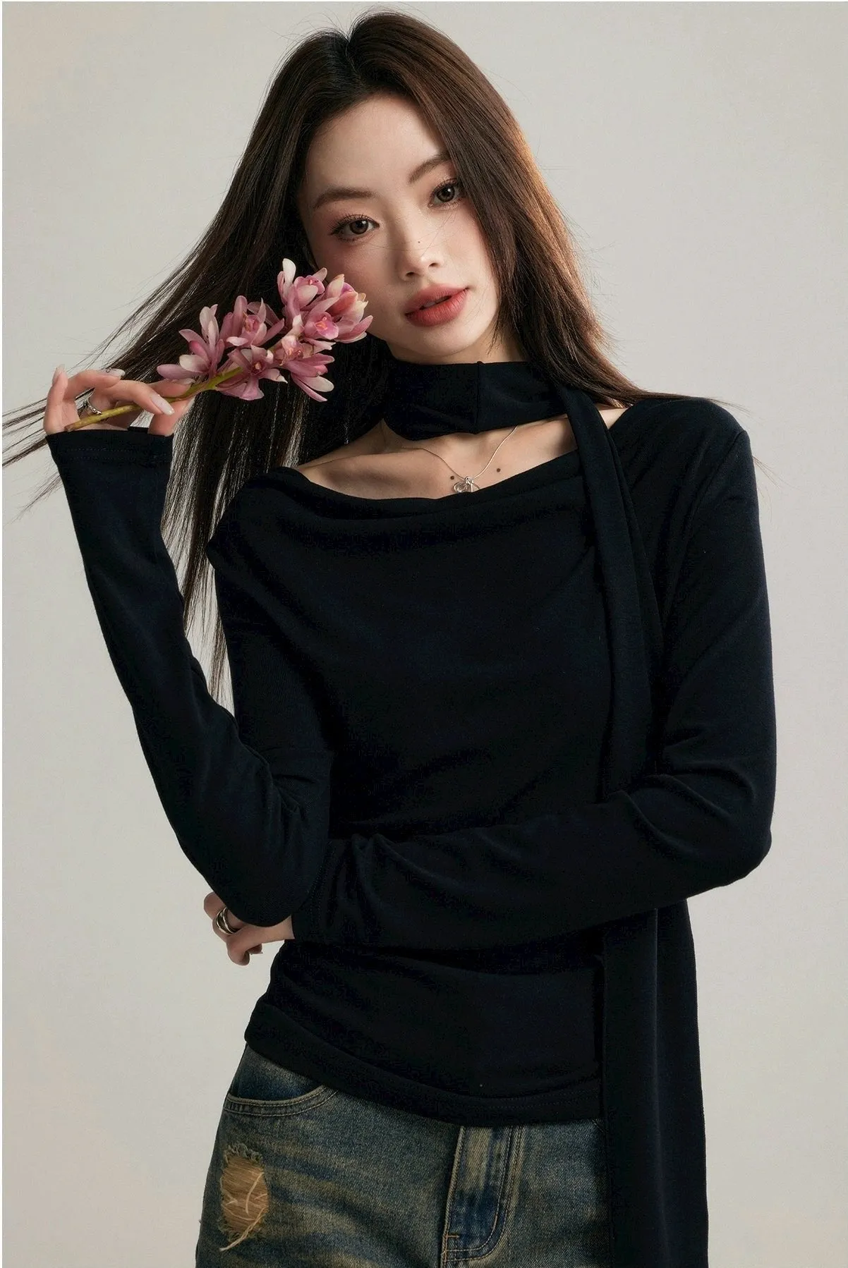 Asymmetrical Draped Neckline Long Sleeve Top with Scarf