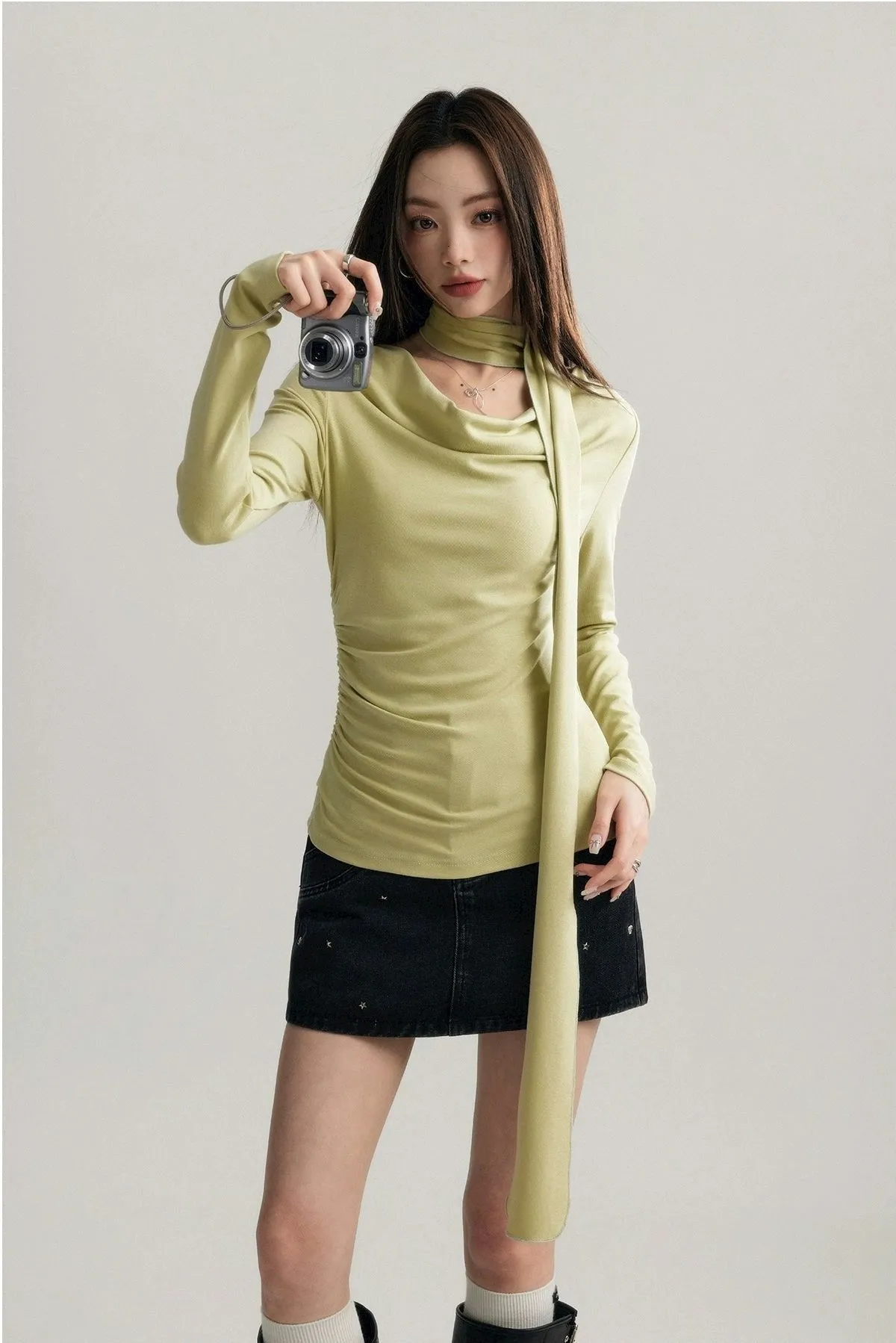 Asymmetrical Draped Neckline Long Sleeve Top with Scarf