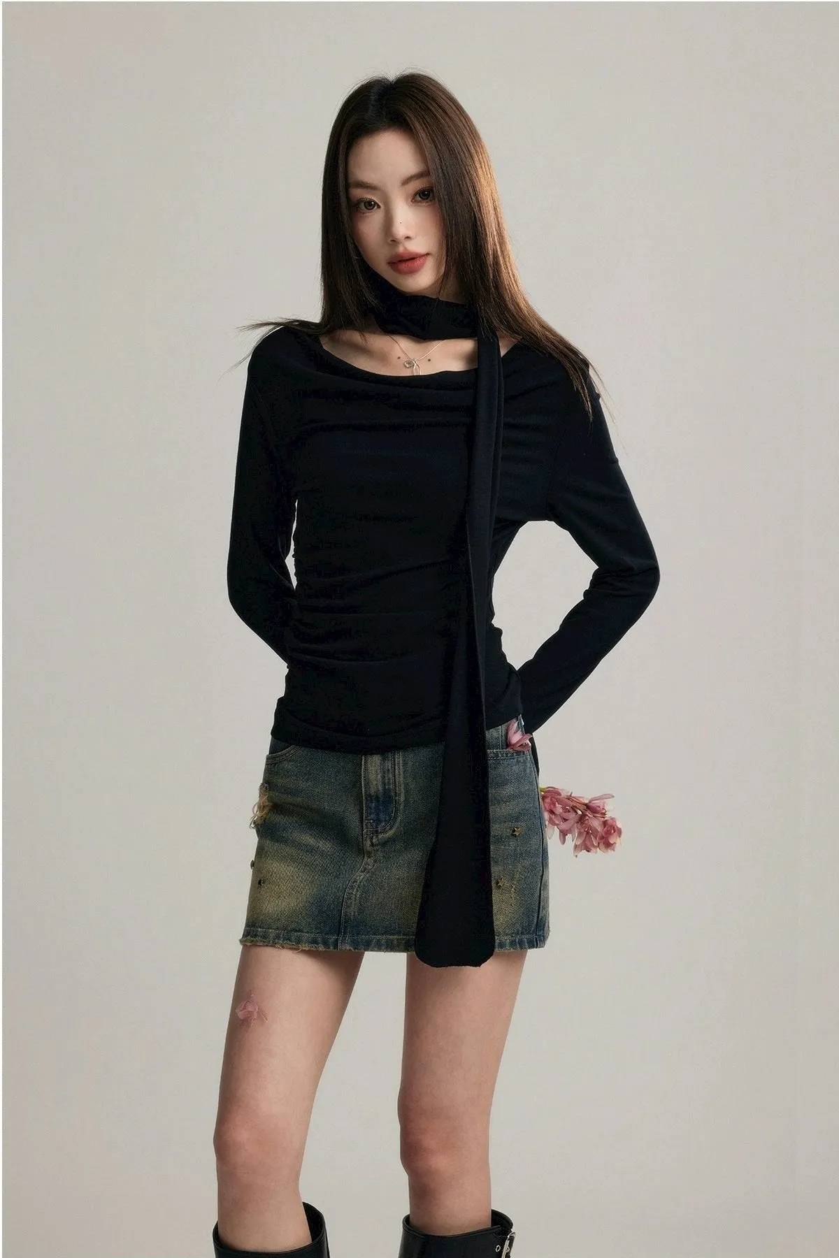 Asymmetrical Draped Neckline Long Sleeve Top with Scarf