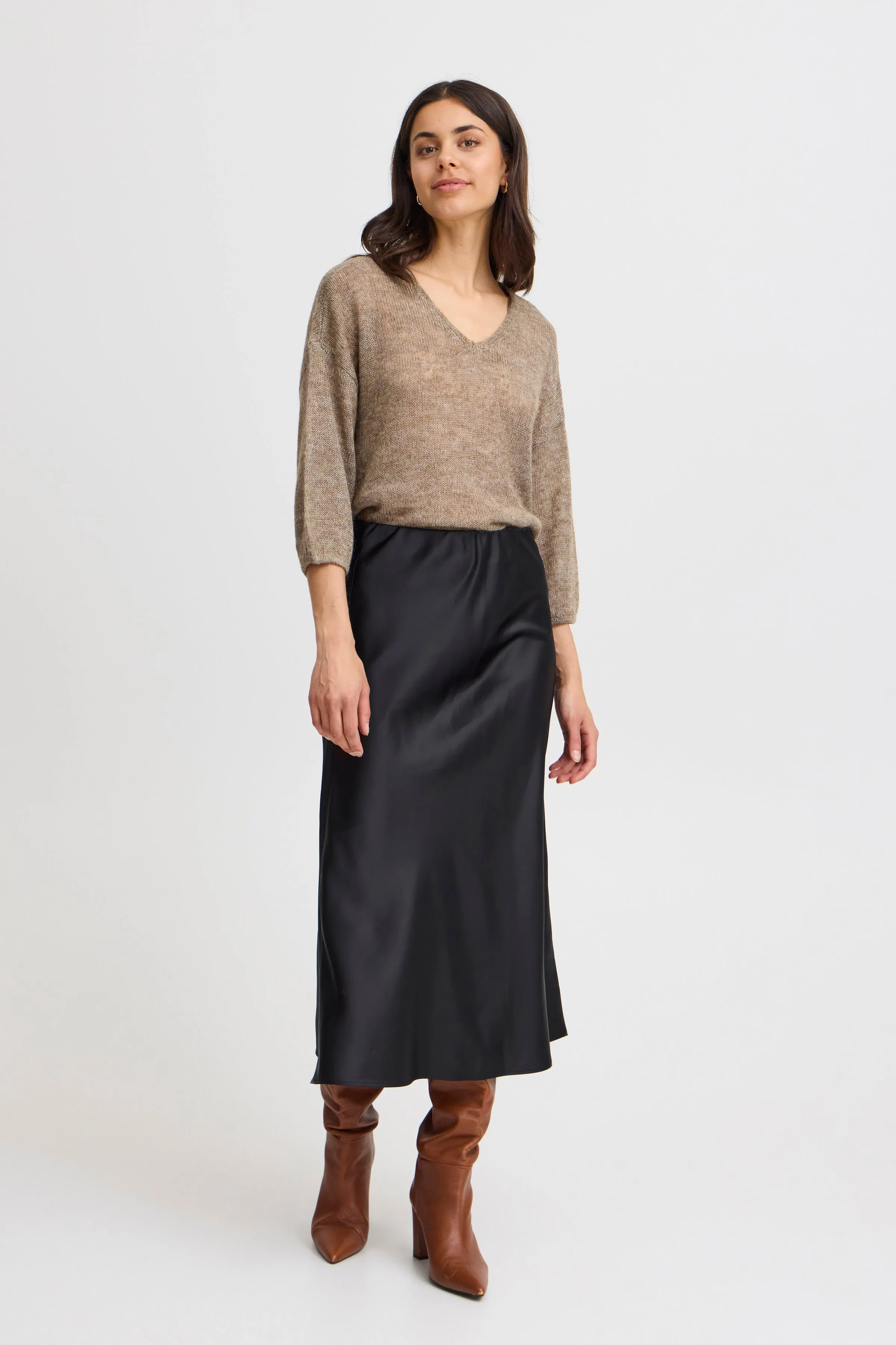 Fransa Black Satin Bias cut midi skirt 20614112