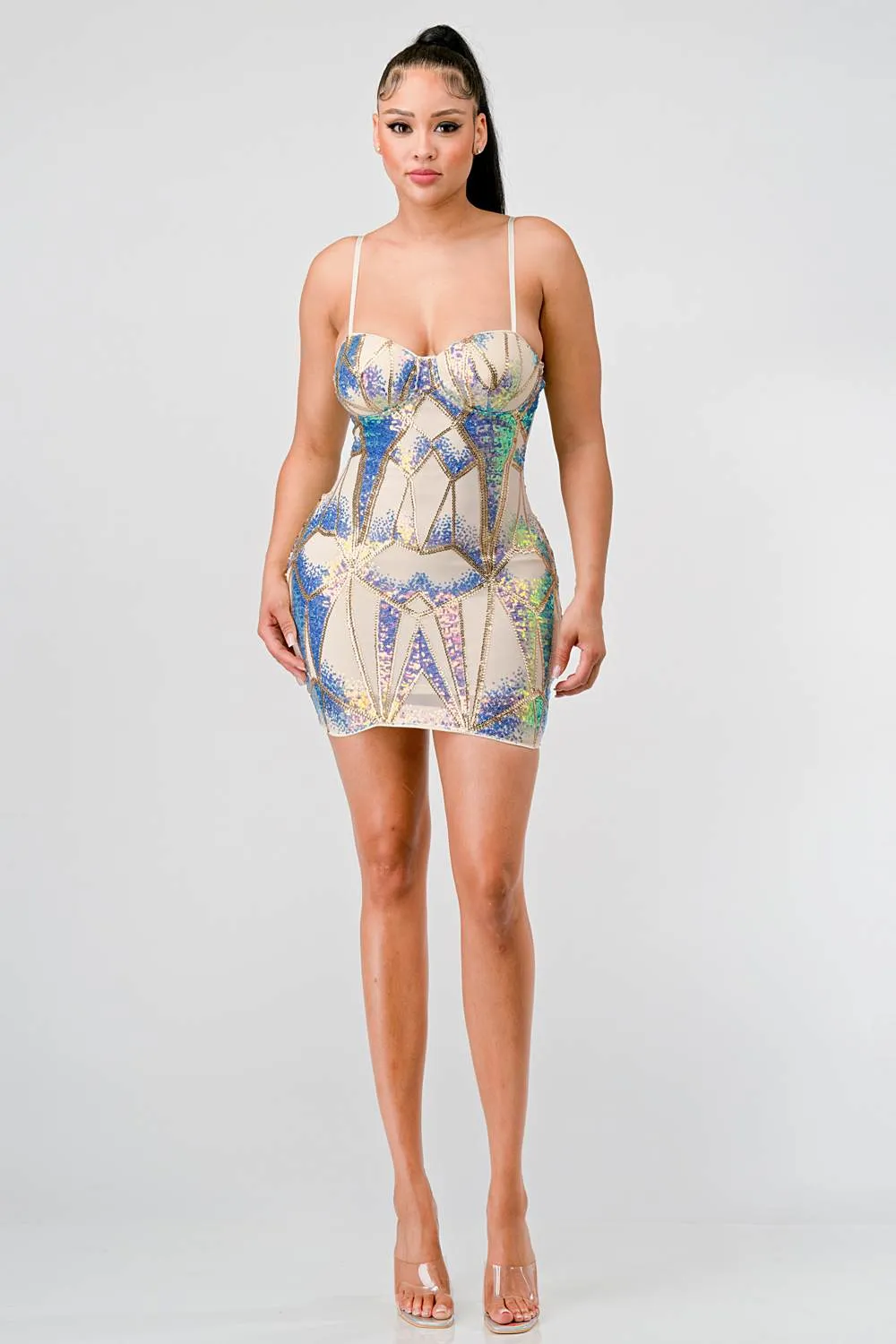 HOLOGRAM SEQUINS SWEETHEART SLEEVELESS MINI DRESS