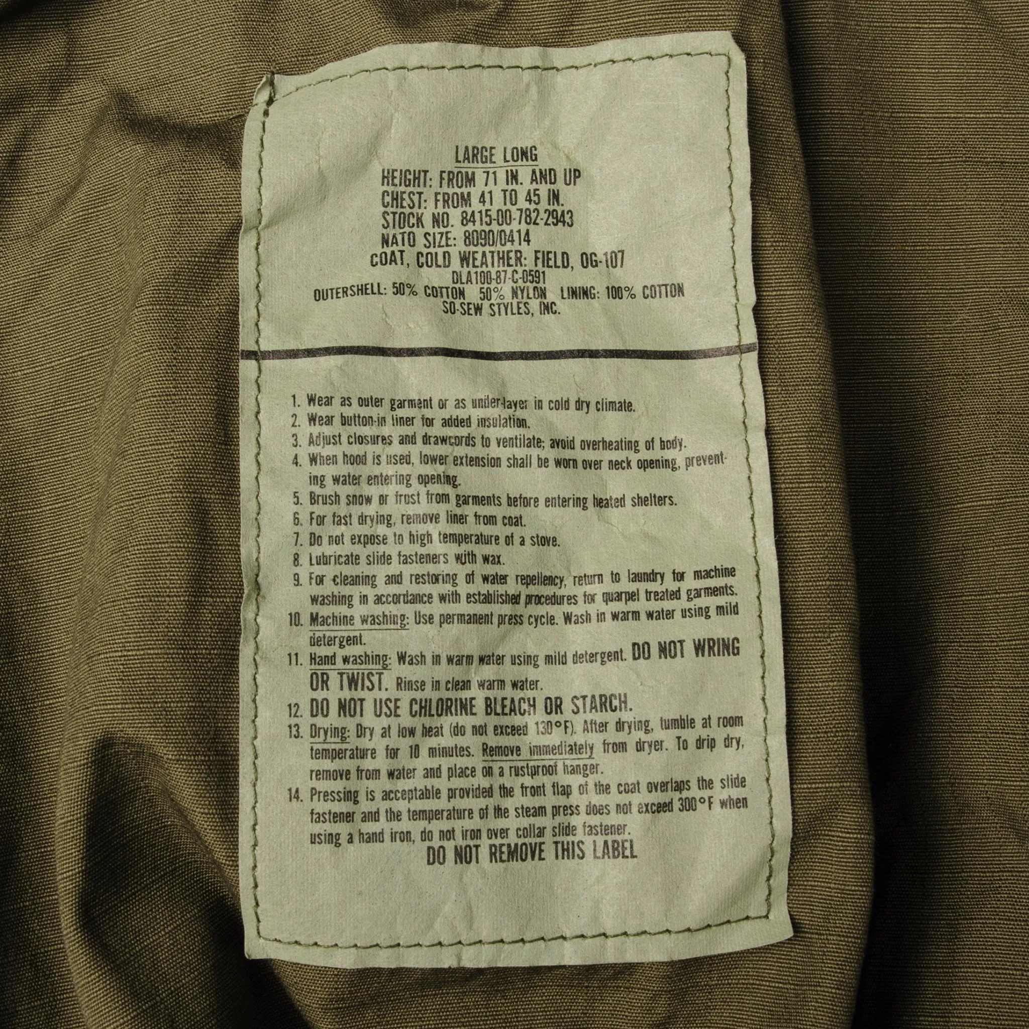 VINTAGE US ARMY M-1965 M65 FIELD JACKET 1987 SIZE LARGE LONG